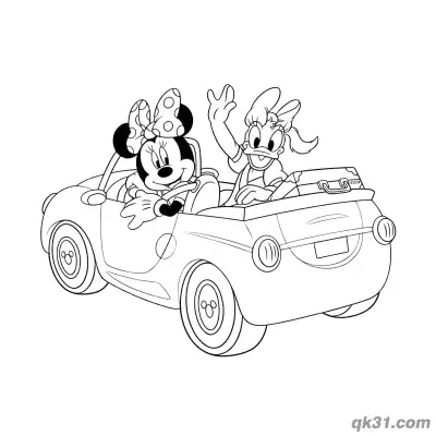 Free printable Minnie Mouse and Daisy Duck Convertible Road Trip Coloring Page coloring page