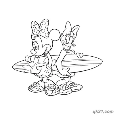 Free printable Minnie Mouse and Daisy Duck Surfboard Beach Coloring Page coloring page