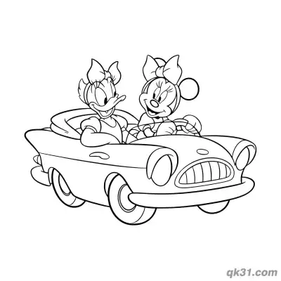 Free printable Minnie Mouse and Daisy Duck Convertible Ride Coloring Page coloring page