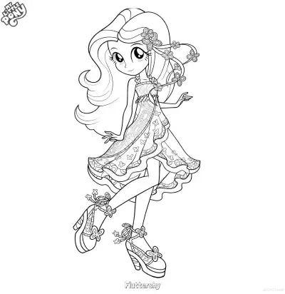 Free printable Fluttershy My Little Pony Equestria Girls Floral Gown Coloring Page coloring page