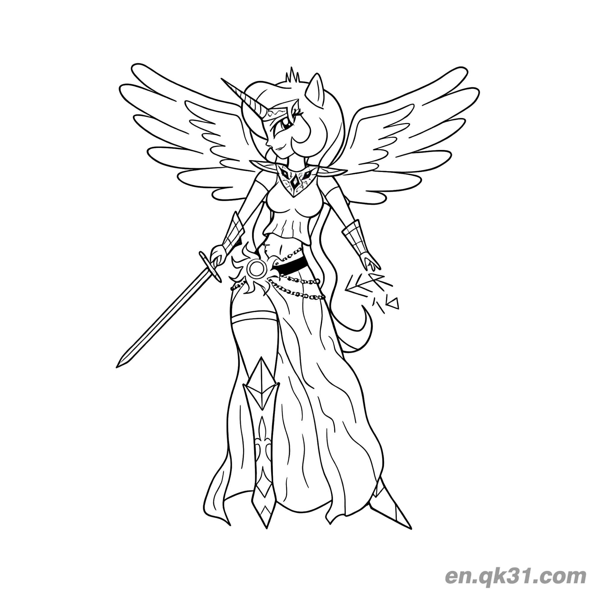 Princess Celestia Human Form Warrior Attire Holding Sword Coloring Page – Free Printable Coloring Page for Kids and Adults