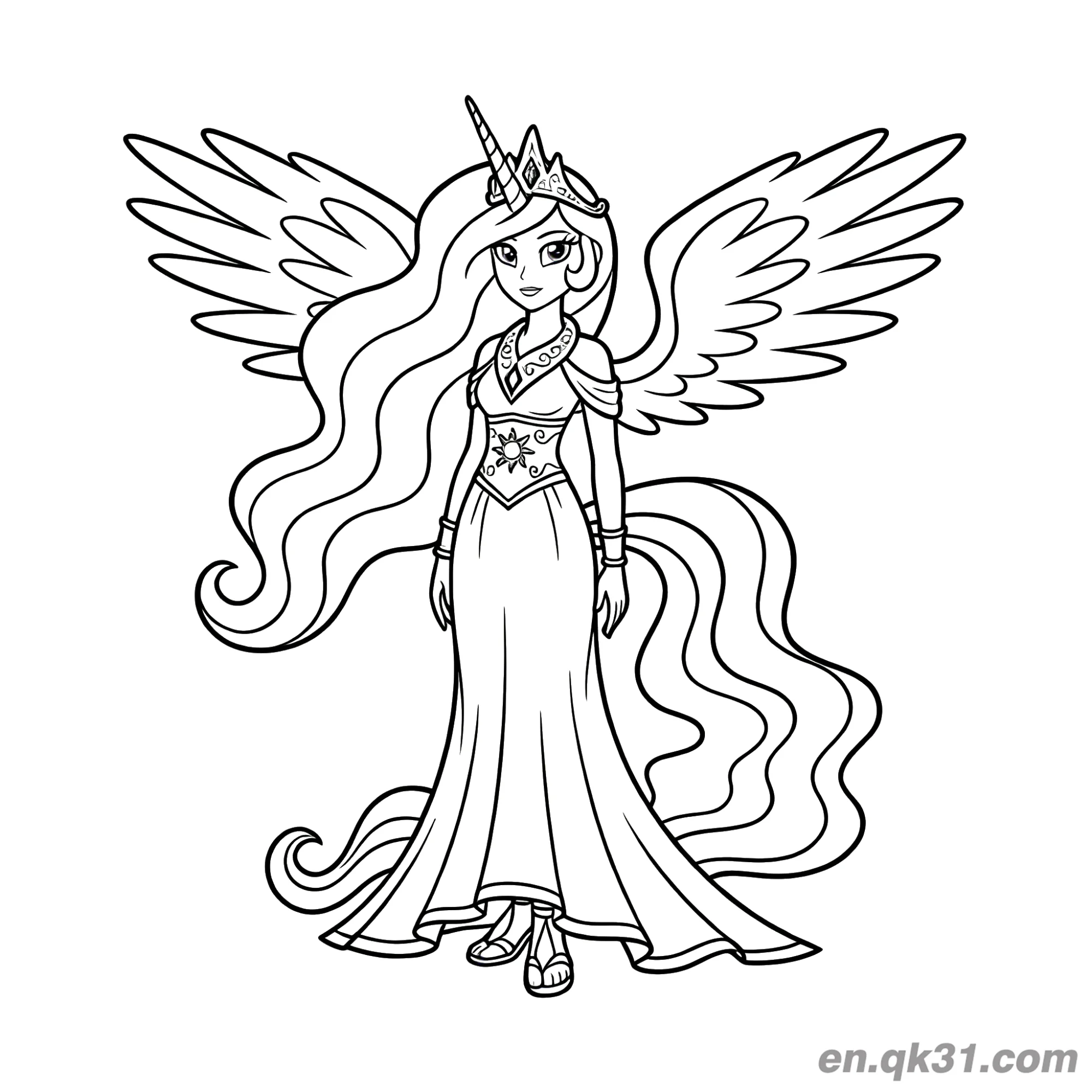 Princess Celestia Human Form with Unicorn Horn Wings and Royal Gown Coloring Page – Free Printable Coloring Page for Kids and Adults