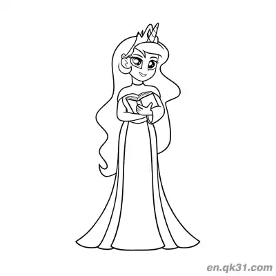 Free printable Princess Celestia Human Form Royal Gown Holding Book Intellectual Pose Coloring Page coloring page