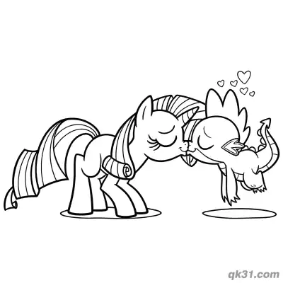 Free printable Rarity and Spike Kissing with Hearts Coloring Page coloring page