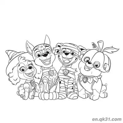Free printable Paw Patrol Halloween Costumes Four Pups Coloring Page coloring page