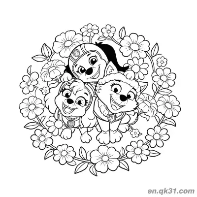 Free printable Paw Patrol Skye and Everest Flower Wreath Coloring Page coloring page