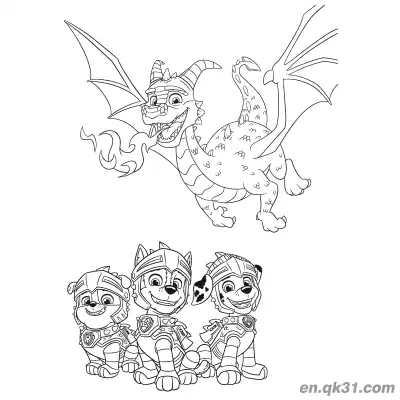 Free printable Paw Patrol with Dragon Characters Group Coloring Page coloring page