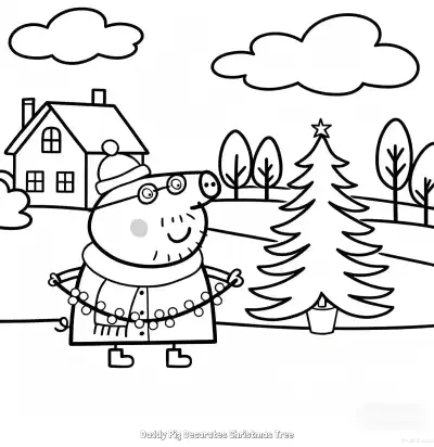 Free printable Daddy Pig Decorates Christmas Tree  Coloring Page - Free Printable Peppa Pig PDFS Coloring Sheets coloring page