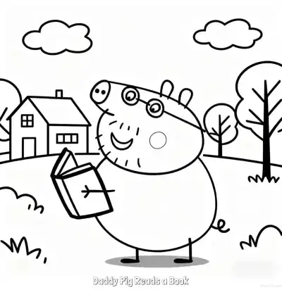 Free printable Daddy Pig Reads a Book  Coloring Page - Free Printable Peppa Pig PDFS Coloring Sheets coloring page