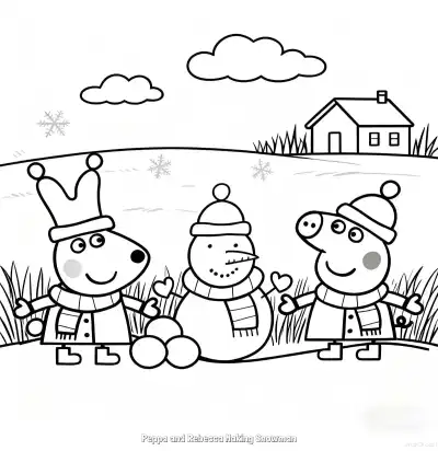 Free printable Peppa and Rebecca Making Snowman  Coloring Page - Free Printable Peppa Pig PDFS Coloring Sheets coloring page