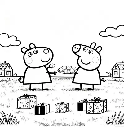 Free printable Peppa Gives Suzy Cookies  Coloring Page - Free Printable Peppa Pig PDFS Coloring Sheets coloring page