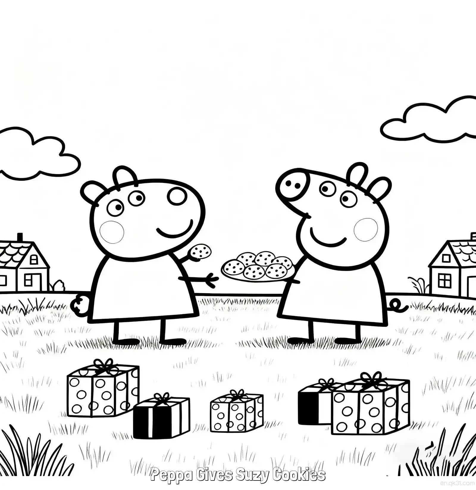 Peppa Gives Suzy Cookies  Coloring Page - Free Printable Peppa Pig PDF Coloring Sheets – Free Printable Coloring Page for Kids and Adults