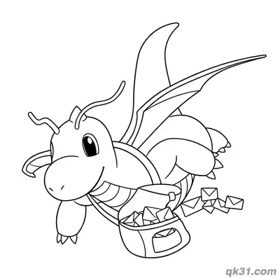 Free printable Dragonite Delivering Mail in Flight Coloring Page coloring page