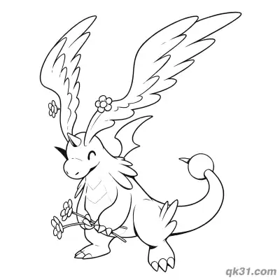 Free printable Mega Dragonite Holding Flowers Sweet Coloring Page coloring page