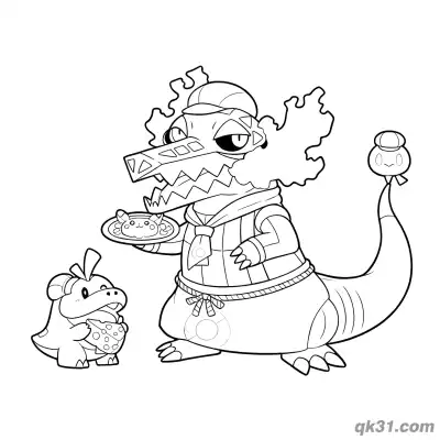 Free printable Fuecoco and Skeledirge Having a Meal Coloring Page coloring page