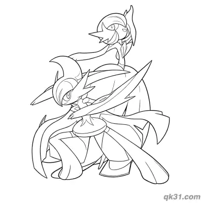 Free printable Mega Gallade and Gardevoir Back View Interaction Coloring Page coloring page