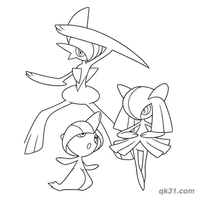Free printable Mega Gallade Gardevoir Ralts Together Coloring Page coloring page