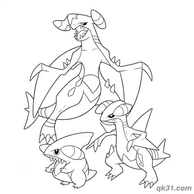 Free printable Garchomp Evolution Line Group Coloring Page coloring page