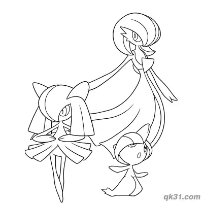 Free printable Gardevoir Kirlia Ralts Family Group Coloring Page coloring page