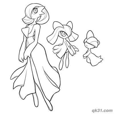 Free printable Gardevoir Kirlia Ralts Heartwarming Together Coloring Page coloring page