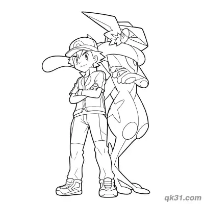 Free printable Ash and Greninja Bonding Coloring Page coloring page