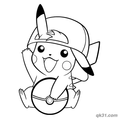 Free printable Cute Pikachu with Cap and Pokeball Coloring Pages coloring page
