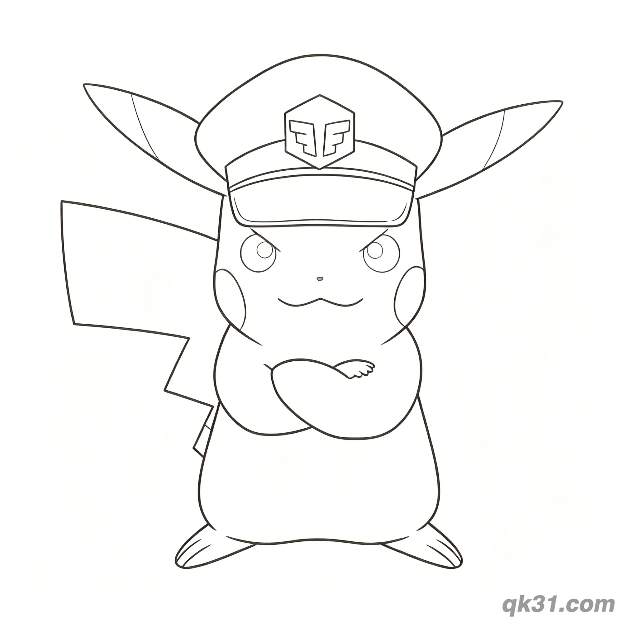 Serious Pikachu with Police Hat Coloring Page Card – Free Printable Coloring Page for Kids and Adults