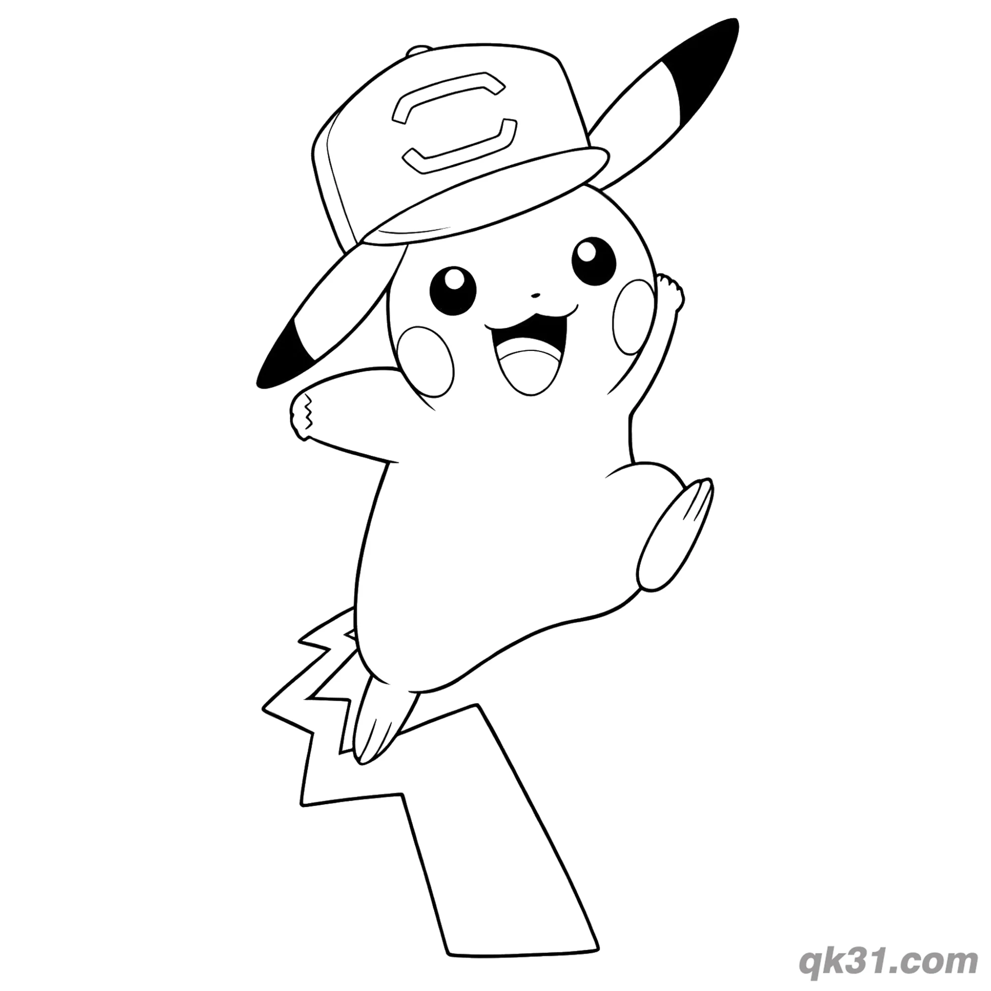 Stylish Pikachu with Hat Jumping Coloring Page – Free Printable Coloring Page for Kids and Adults