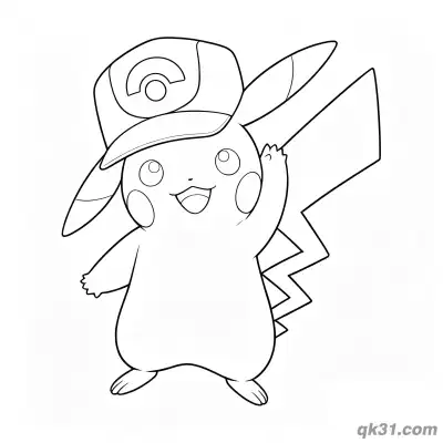 Free printable Waving Pikachu with Trainer Hat Coloring Page Printable coloring page