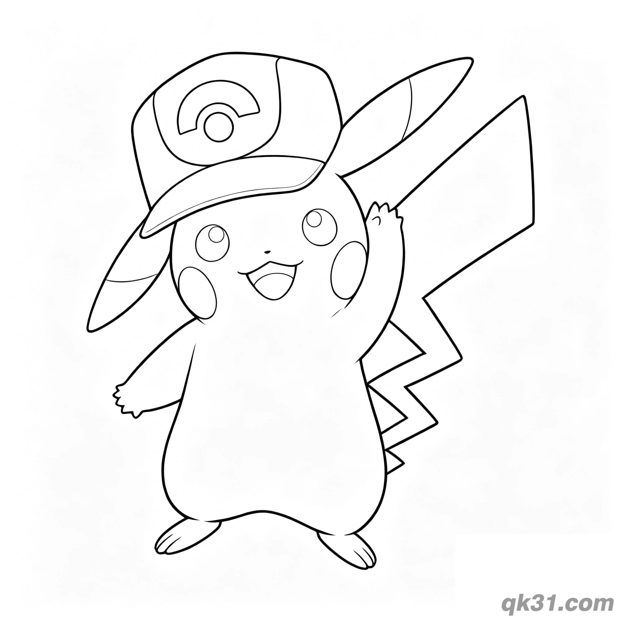 Waving Pikachu with Trainer Hat Coloring Page Printable – Free Printable Coloring Page for Kids and Adults