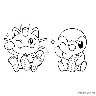 Piplup and Meowth Exchanging Gifts Coloring Page