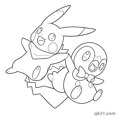 Piplup and Pikachu Jumping Holding Hands Coloring Page