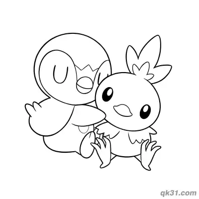 Piplup and Torchic Friends Coloring Page
