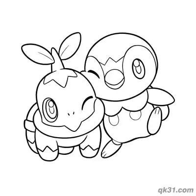 Piplup and Turtwig Snuggling Coloring Page
