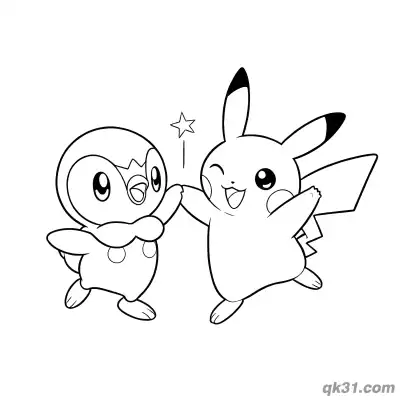 Piplup High Fiving Pikachu Celebration Coloring Page
