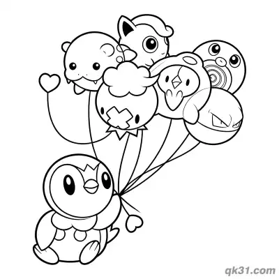 Piplup Holding Pokemon Balloons Coloring Page