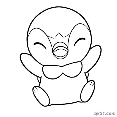 Piplup Sitting with Bow Tie and Raised Arms Coloring Page