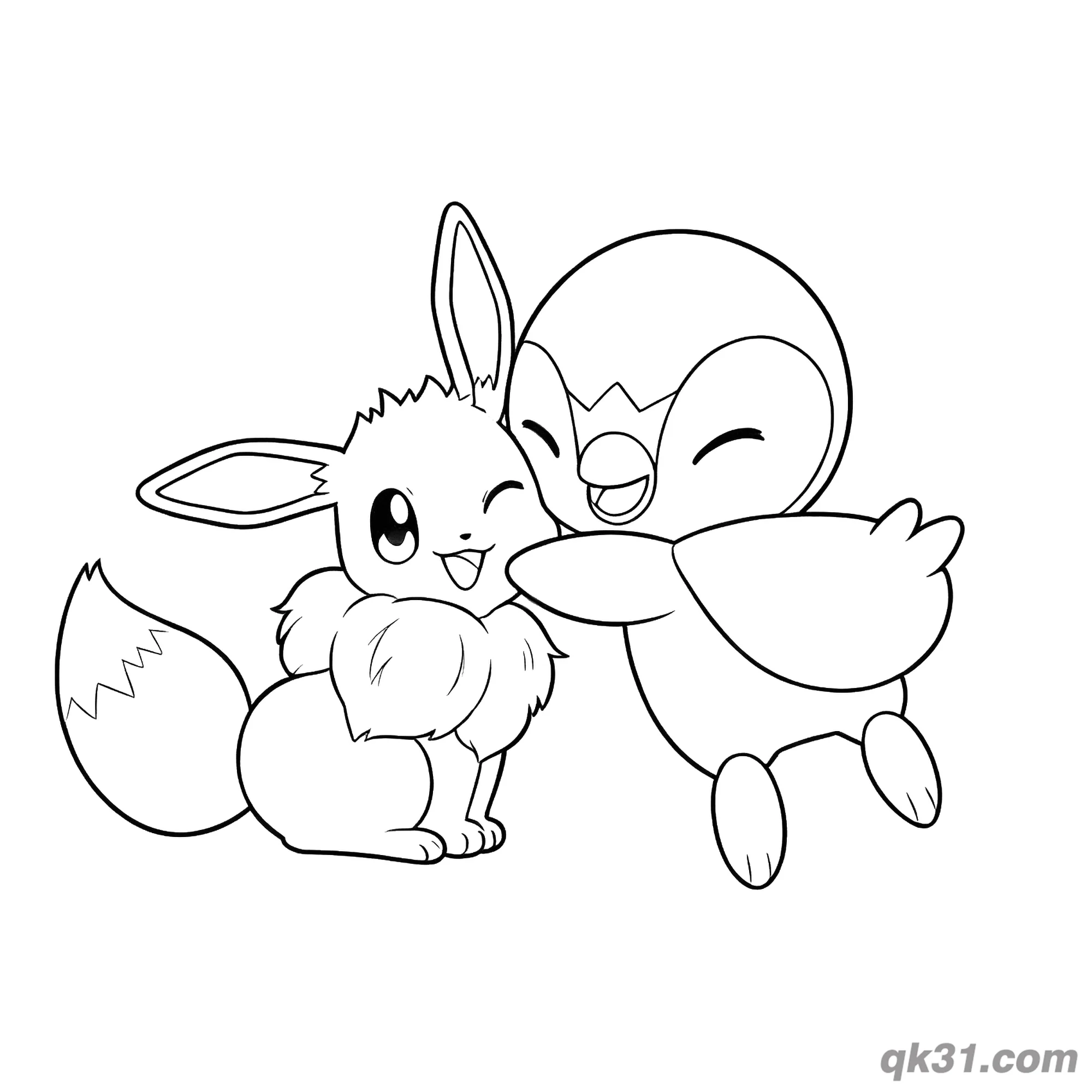 Piplup Snuggling Eevee Coloring Page – Free Printable Coloring Page for Kids and Adults