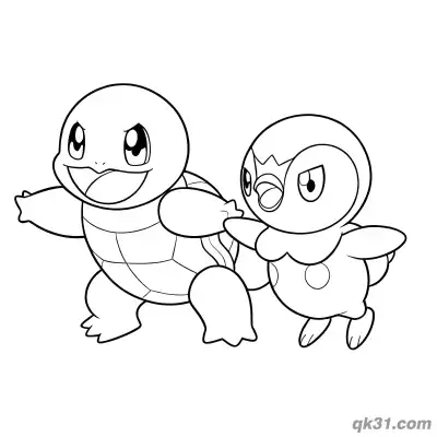 Free printable Squirtle and Piplup Running Together Coloring Page coloring page
