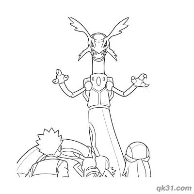 Free printable Ash and Friends Looking Up at Primal Rayquaza Coloring Page coloring page