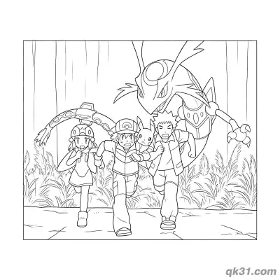 Free printable Ash May Max Pikachu Running from Rayquaza Coloring Page coloring page
