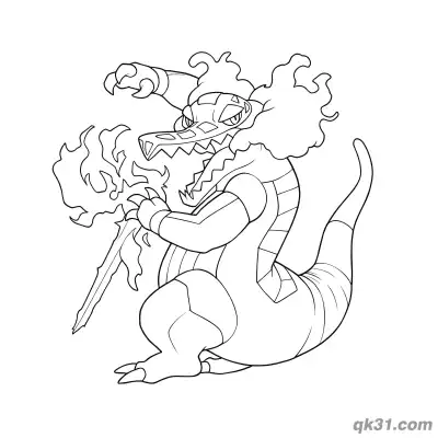Free printable Skeledirge Pokémon Battle Pose with Fire Sword Coloring Page coloring page