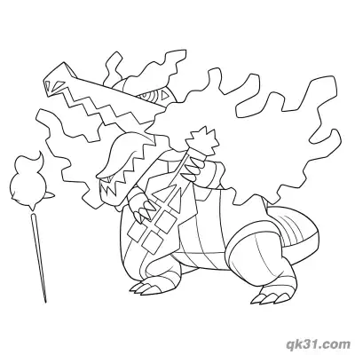 Free printable Skeledirge Pokémon Roaring with Staff Coloring Page coloring page
