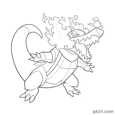 Free printable Skeledirge Pokémon Standing Surrounded by Flames Coloring Page coloring page