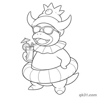 Free printable Slowking Summer Vacation with Sunglasses and Drink Coloring Page coloring page