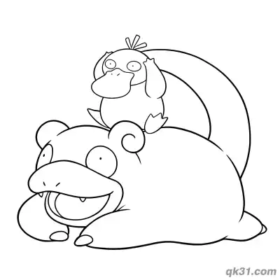 Free printable Slowpoke with Psyduck Partner Pose Coloring Page coloring page