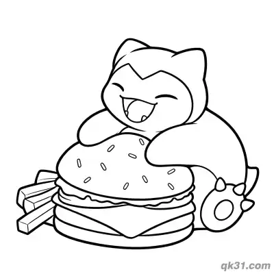 Free printable Snorlax Eating Burger Pokémon Coloring Page coloring page