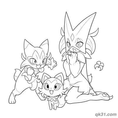 Free printable Sprigatito Floragato Meowscarada Evolution Family Coloring Page coloring page