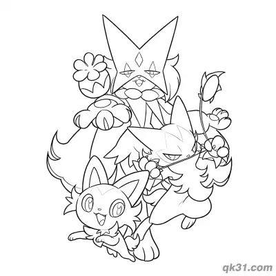 Free printable Sprigatito Floragato Meowscarada Evolution Group Coloring Page coloring page