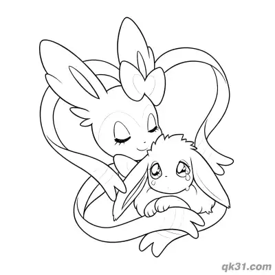 Free printable Sylveon Affectionately Hugging Eevee Coloring Page coloring page